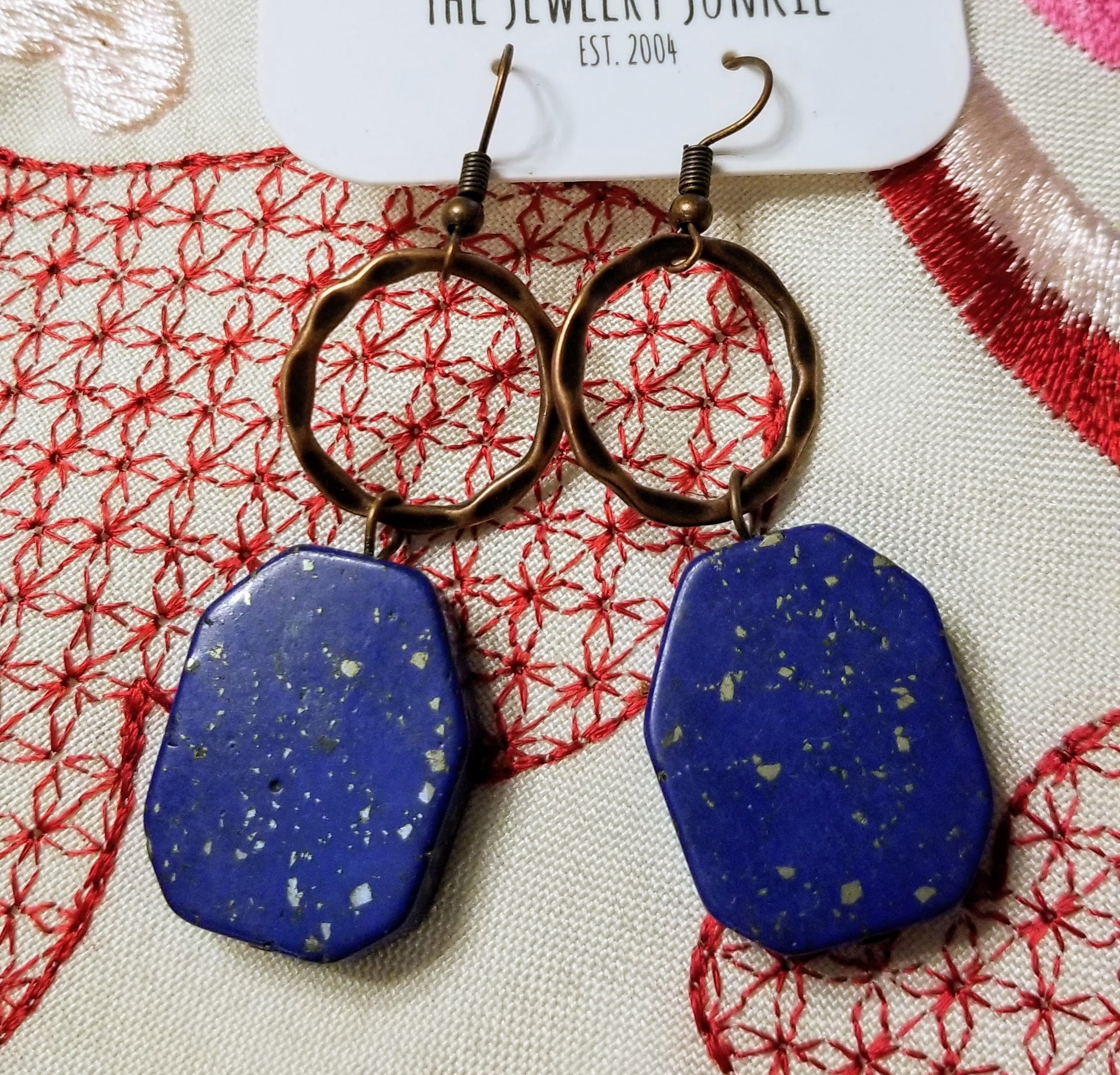 Blue Lapis Slab on Copper Hoop Earrings