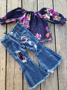 Navy and Floral Distressed Denim Bell Set