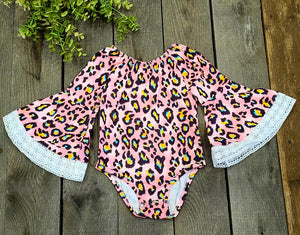 Leopard and Pink Bell Sleeve Infant Romper