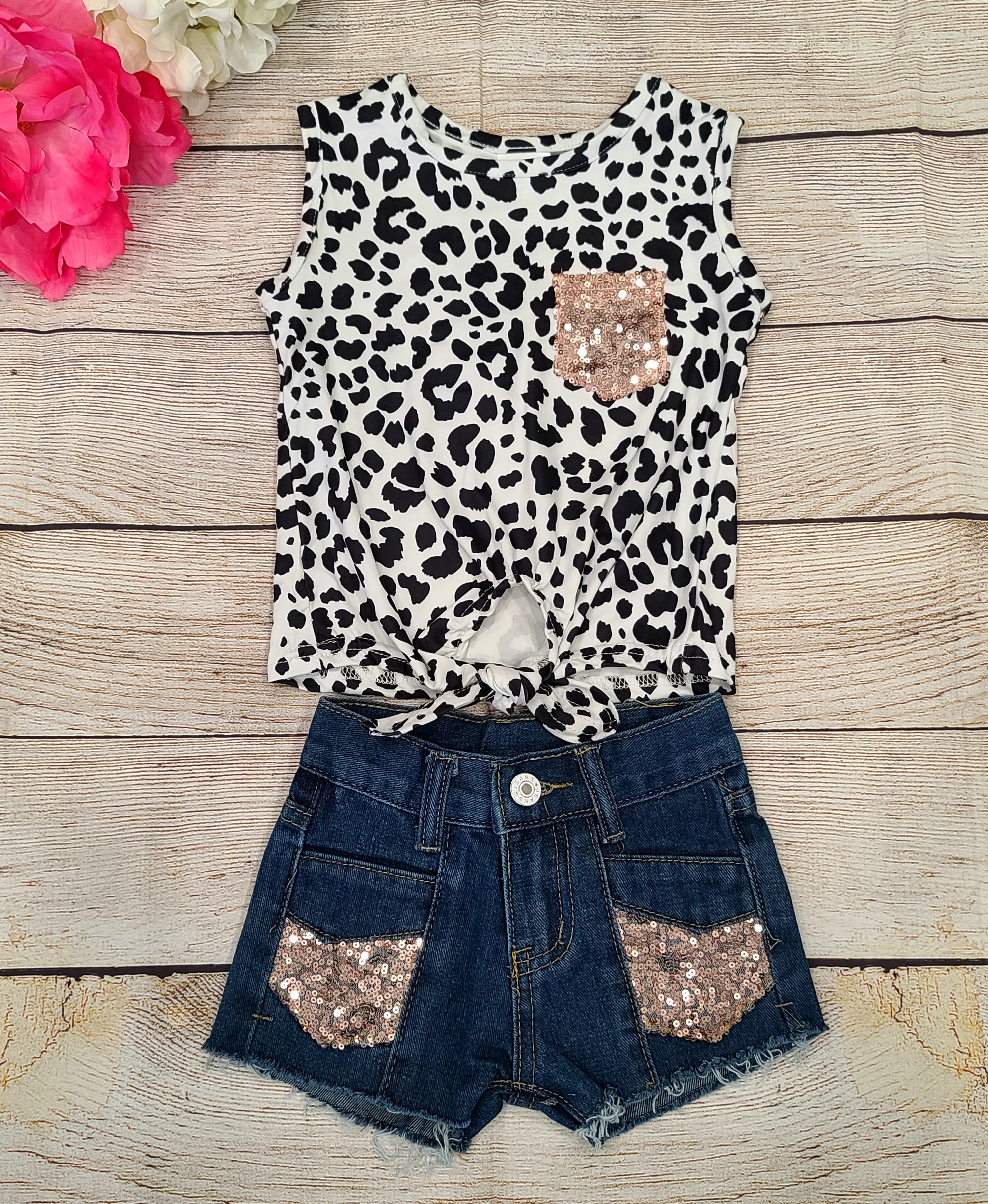 Black Leopard & Sequins Demin Short Set