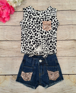 Black Leopard & Sequins Demin Short Set