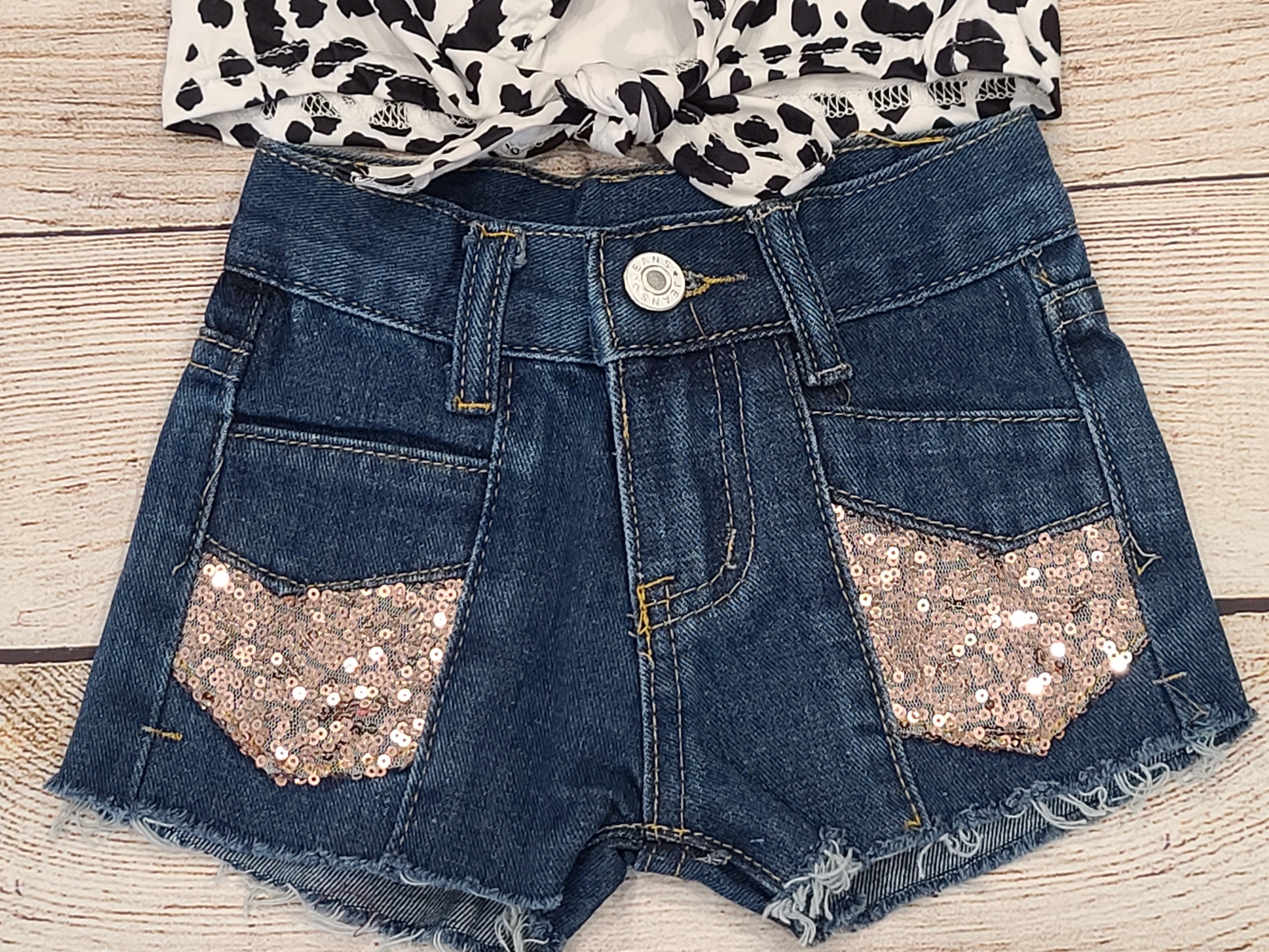 Black Leopard & Sequins Demin Short Set