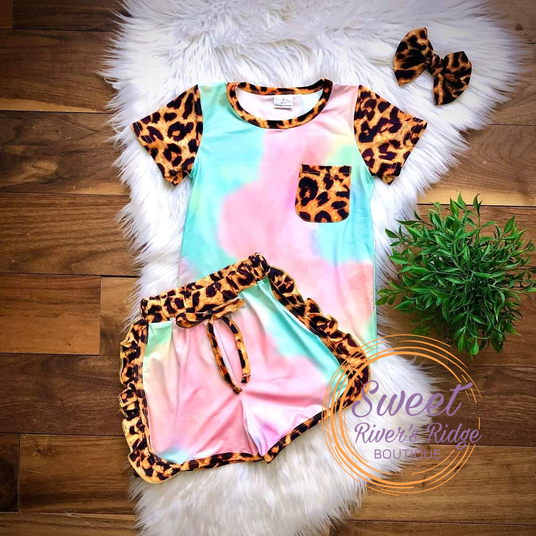 Leopard and Rainbow Tie Dye Short Set