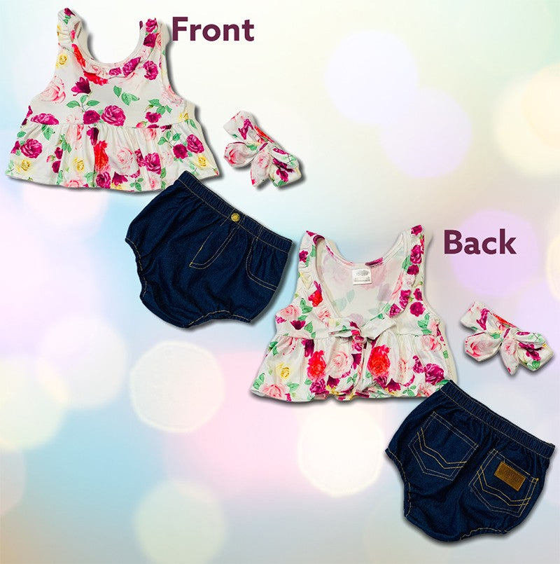 Floral and Denim Three Piece Set